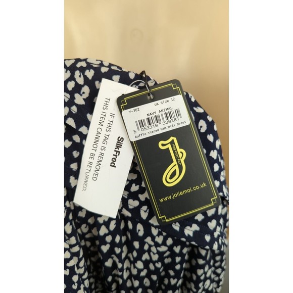 Silkfred Jolie Moi Navy Blue Animal Print Dress Off Shoulder Ruffle Tiered 8 12 - Picture 12 of 15